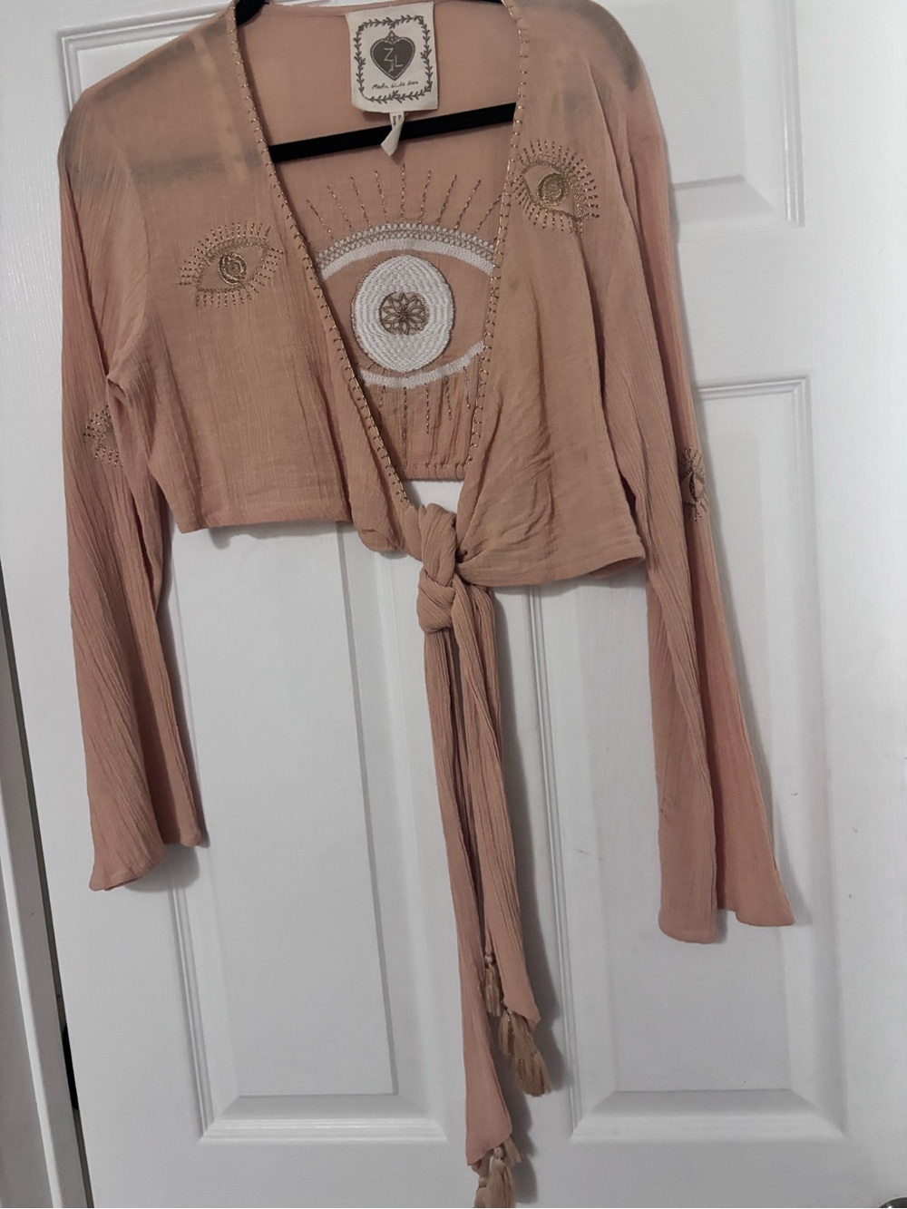 Boho Tie-Front Eye Embroidered Crop Top - Peach